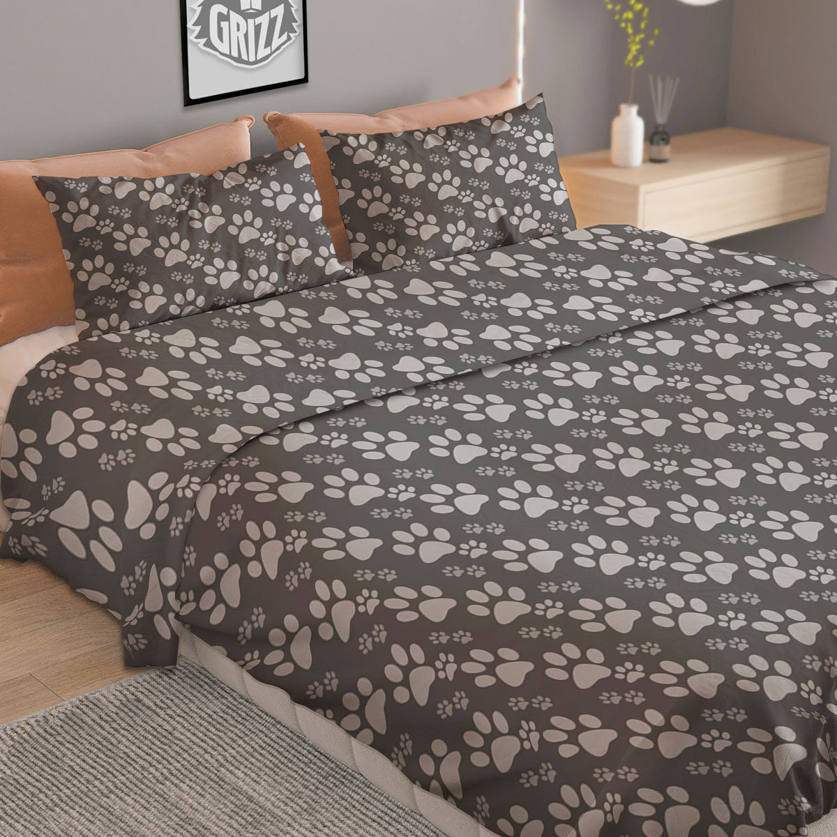 Paw Grey Animal Print Pattern Duvet Cover Bedding Set