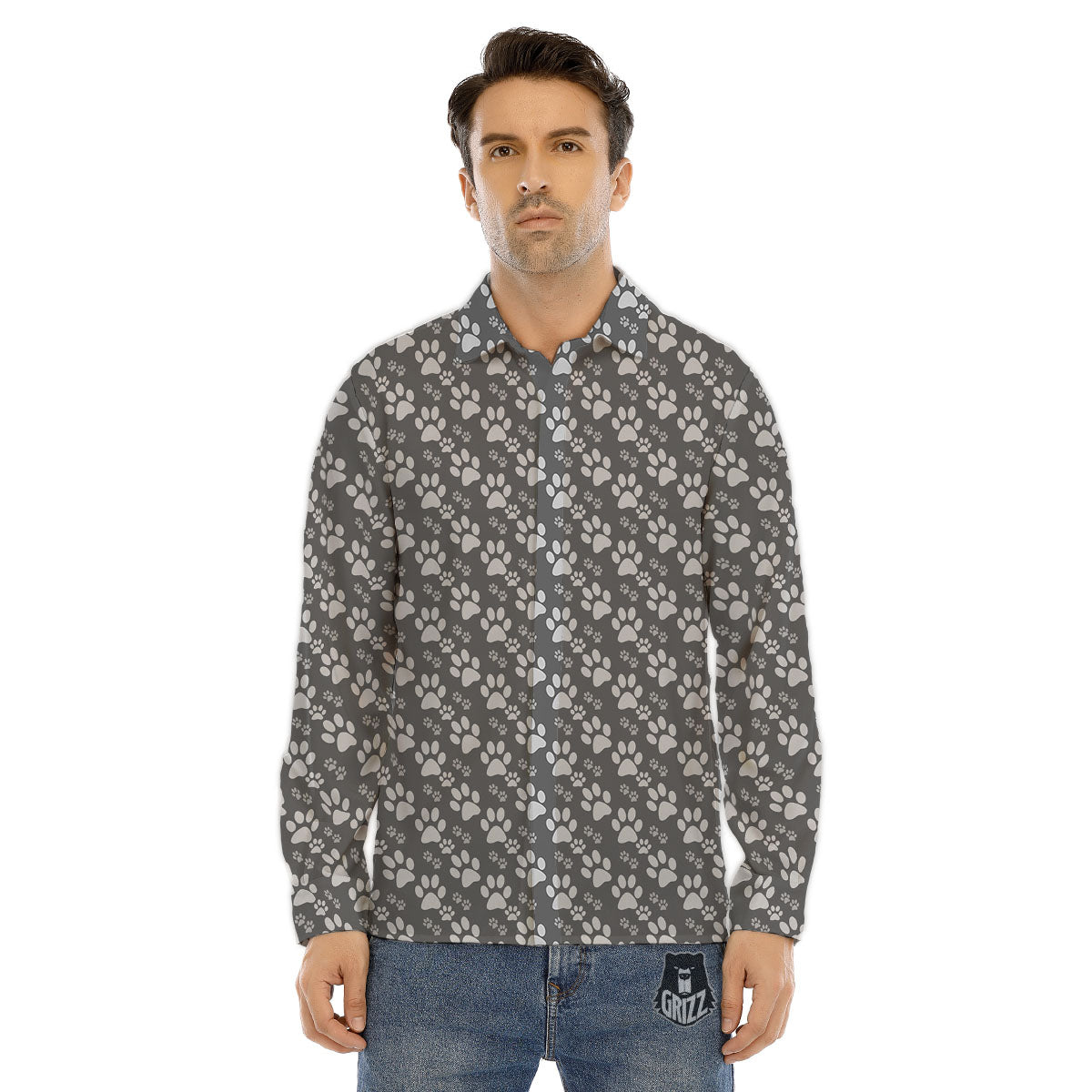 Paw Grey Animal Print Pattern Men's Dress Shirts-grizzshop