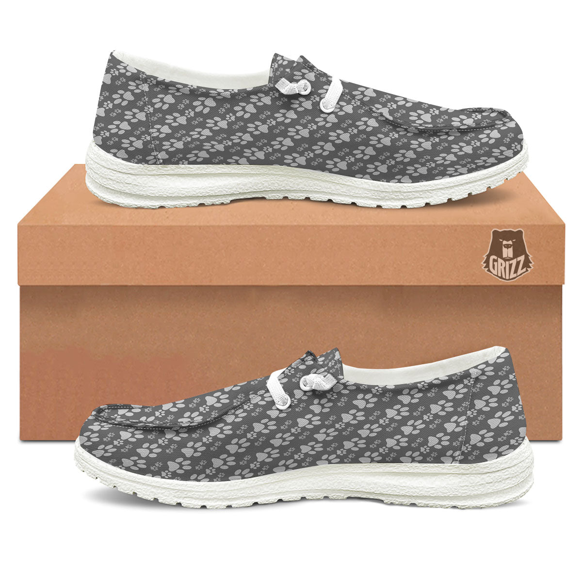 Paw Grey Animal Print Pattern White Loafers-grizzshop