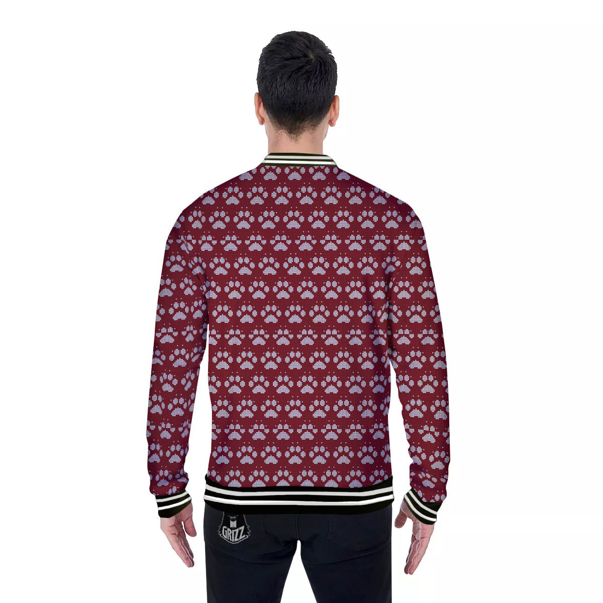 Paw Knitted Christmas Print Pattern Baseball Jacket-grizzshop