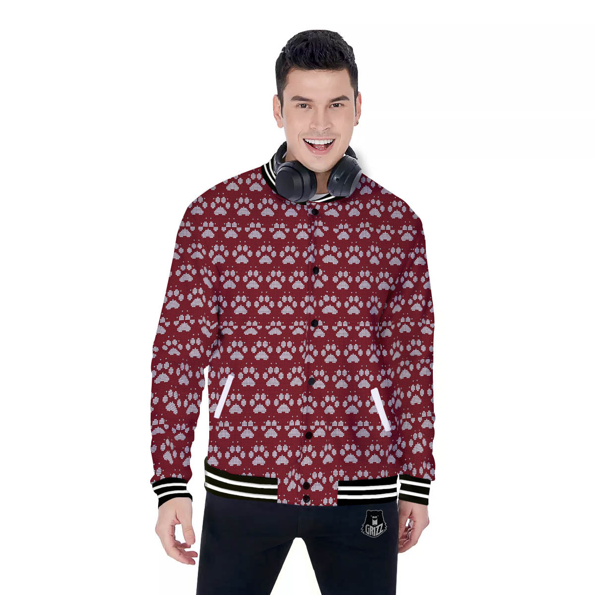 Paw Knitted Christmas Print Pattern Baseball Jacket-grizzshop