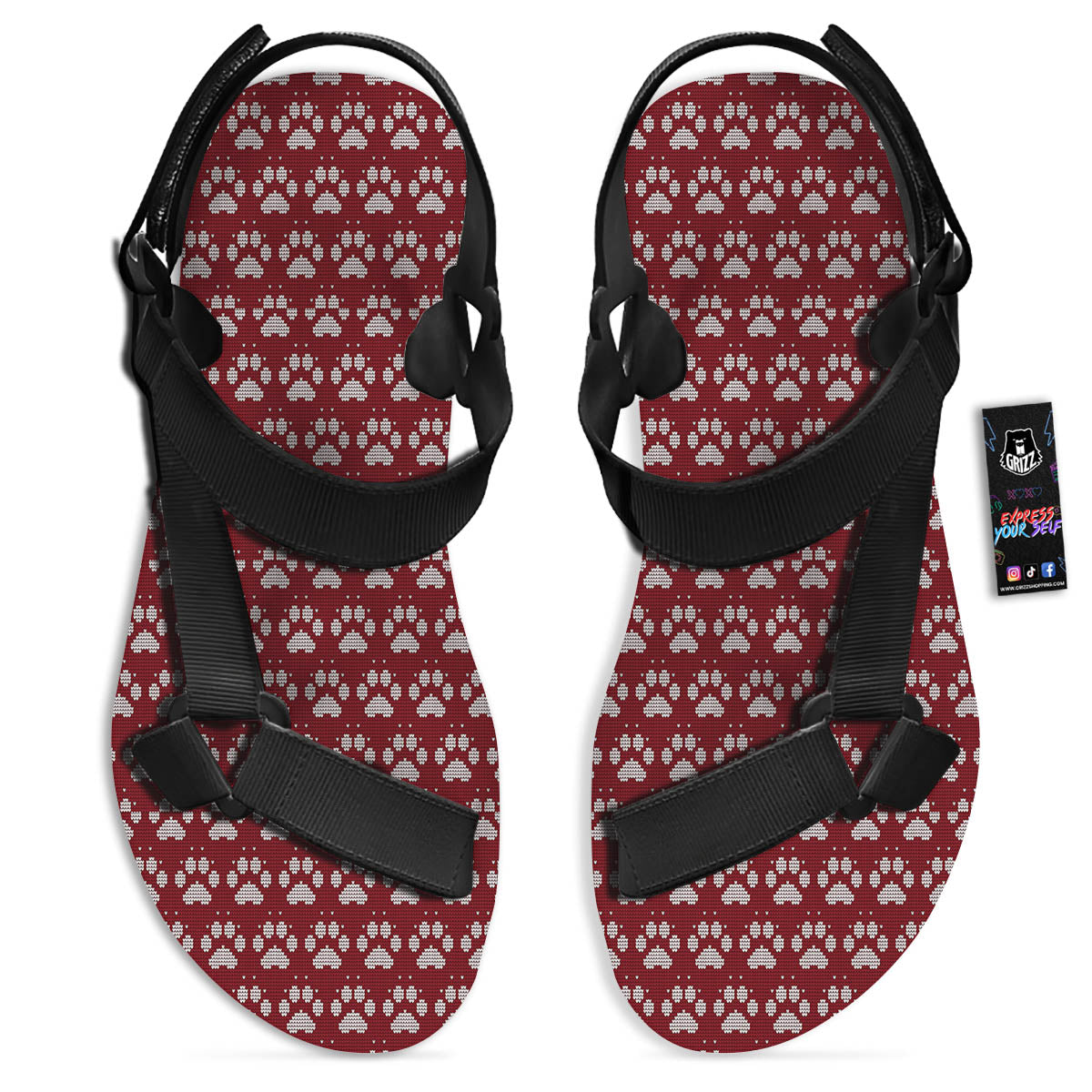 Paw Knitted Christmas Print Pattern Black Open Toe Sandals-grizzshop