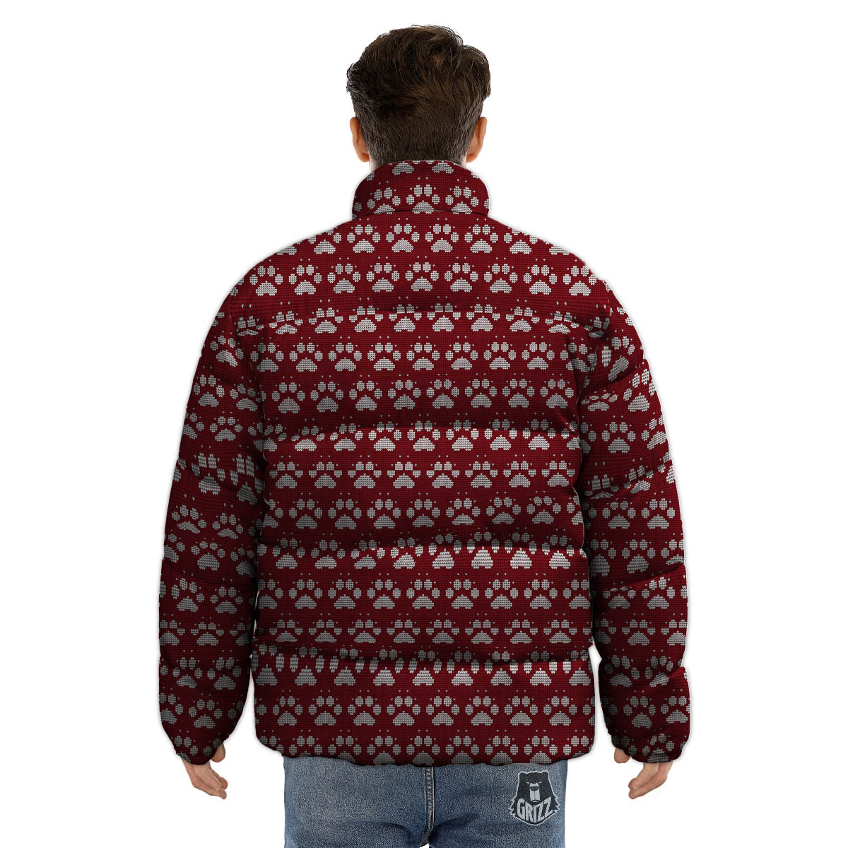 Paw Knitted Christmas Print Pattern Puffer Jacket-grizzshop