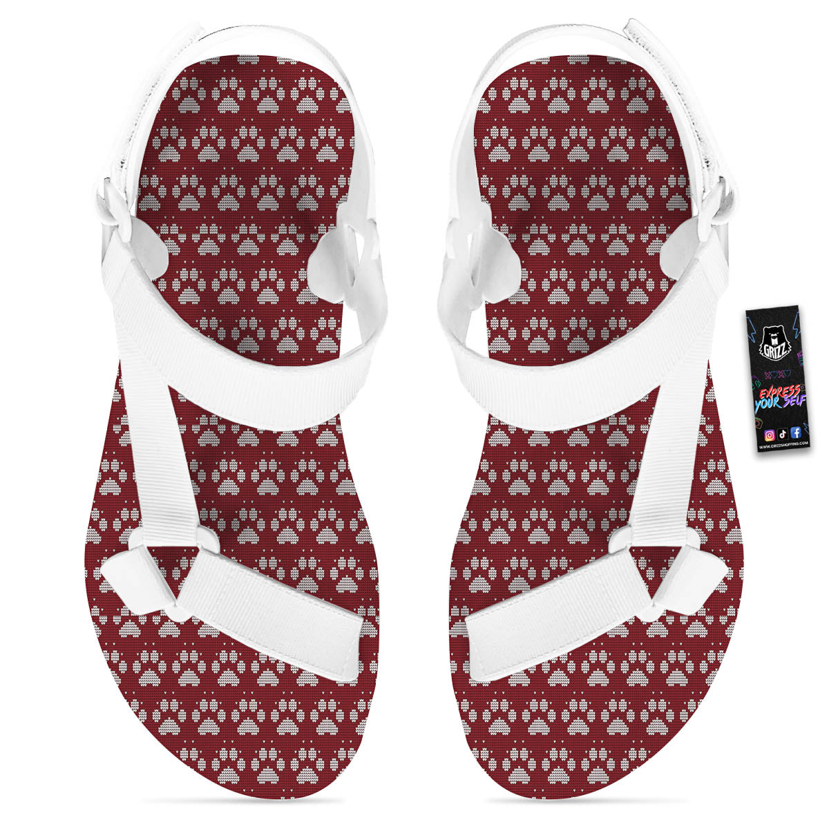 Paw Knitted Christmas Print Pattern White Open Toe Sandals-grizzshop