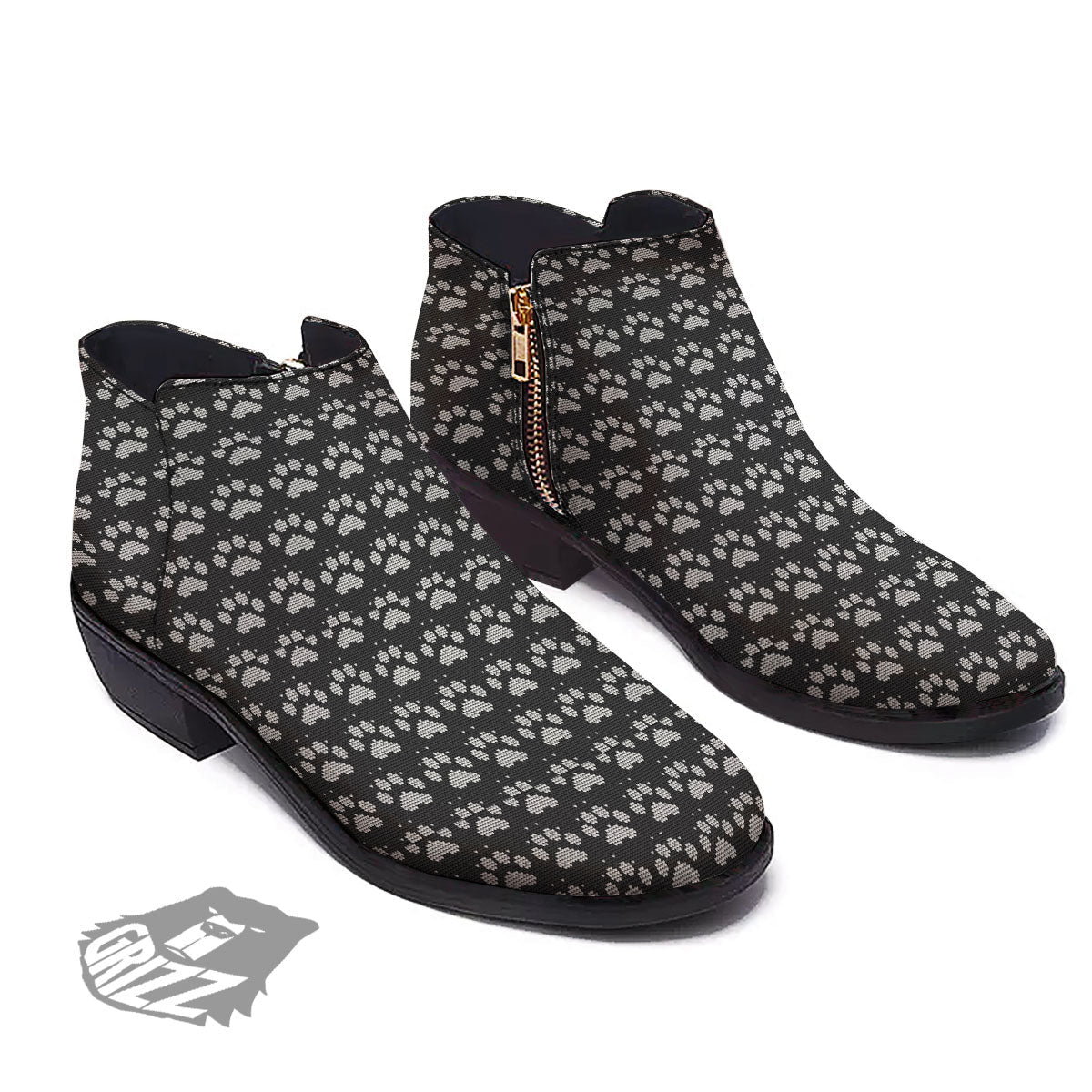 Paw Knitted White And Grey Print Pattern Ankle Boots-grizzshop