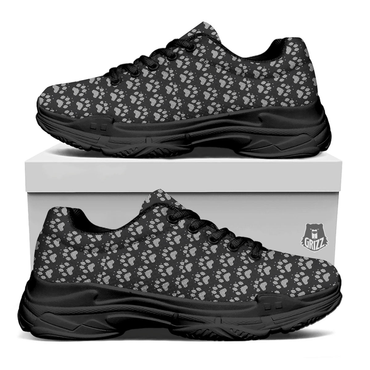Paw Knitted White And Grey Print Pattern Black Chunky Shoes-grizzshop