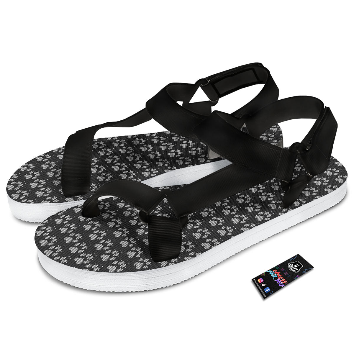 Paw Knitted White And Grey Print Pattern Black Open Toe Sandals-grizzshop
