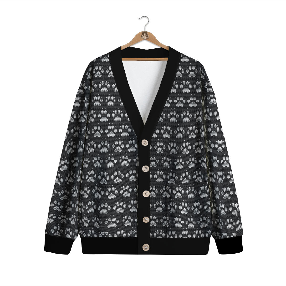 Paw Knitted White And Grey Print Pattern Cardigan-grizzshop