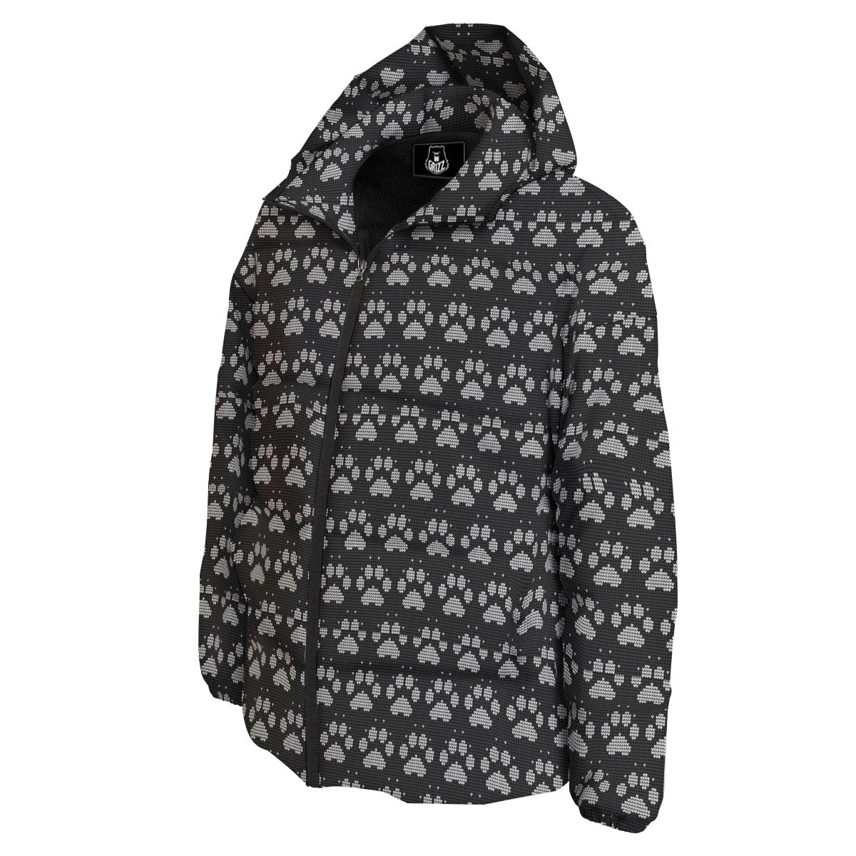 Paw Knitted White And Grey Print Pattern Down Jacket-grizzshop