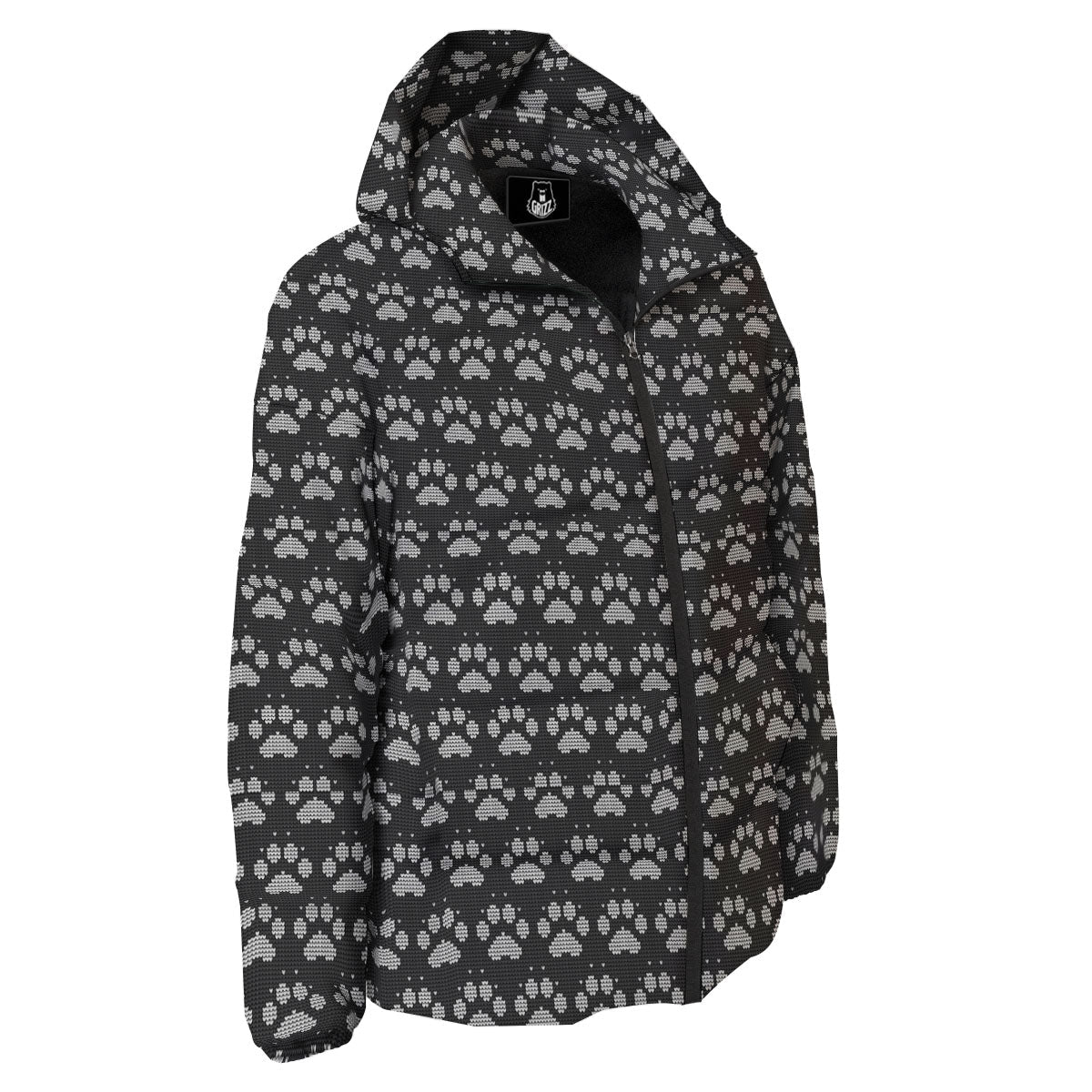 Paw Knitted White And Grey Print Pattern Down Jacket-grizzshop