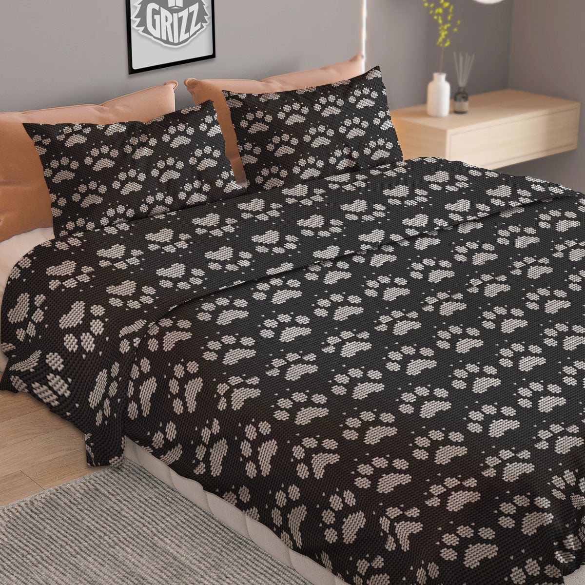 Paw Knitted White And Grey Print Pattern Duvet Cover Bedding Set