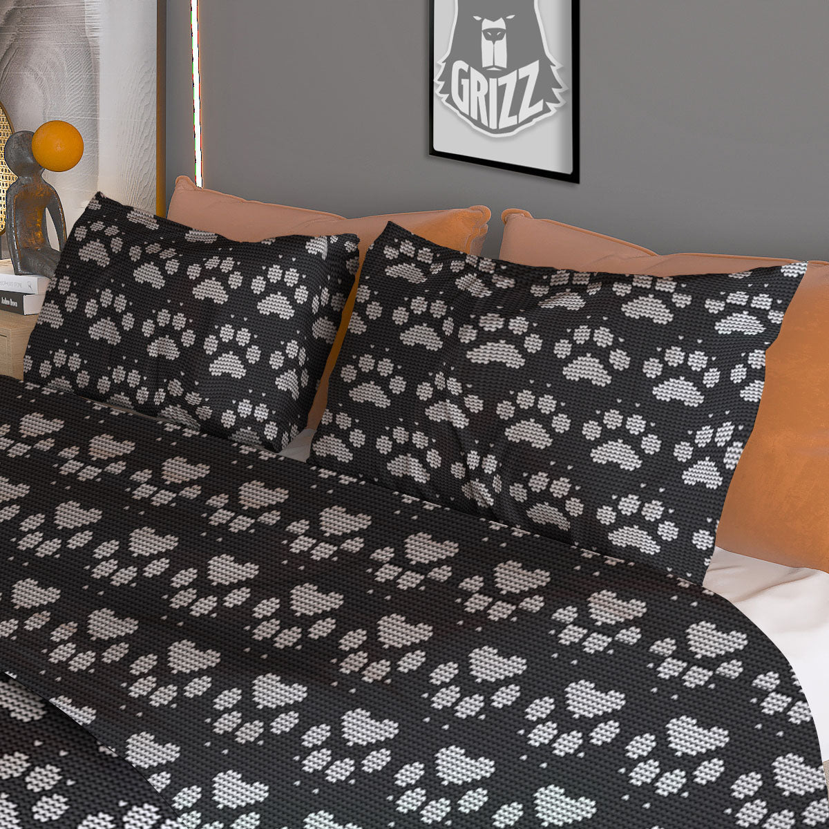 Paw Knitted White And Grey Print Pattern Duvet Cover Bedding Set