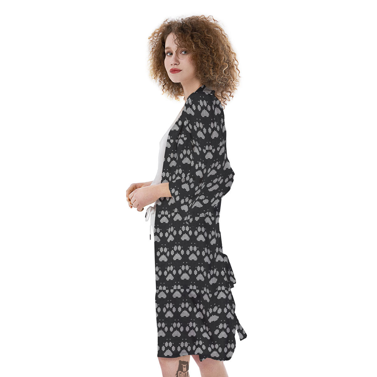 Paw Knitted White And Grey Print Pattern Kimono-grizzshop