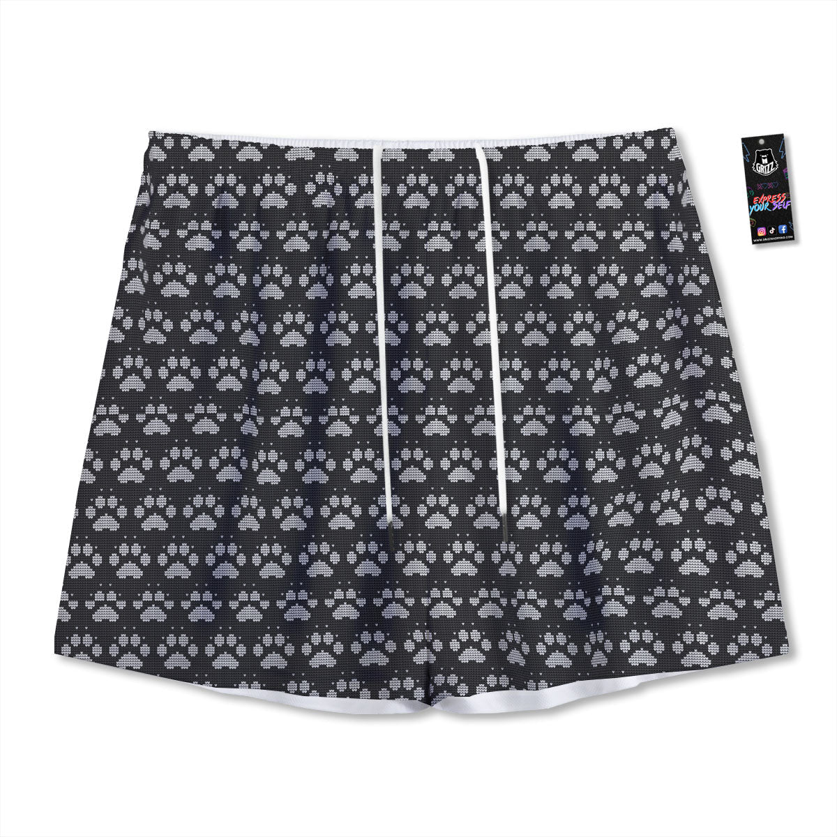 Paw Knitted White And Grey Print Pattern Mesh Shorts