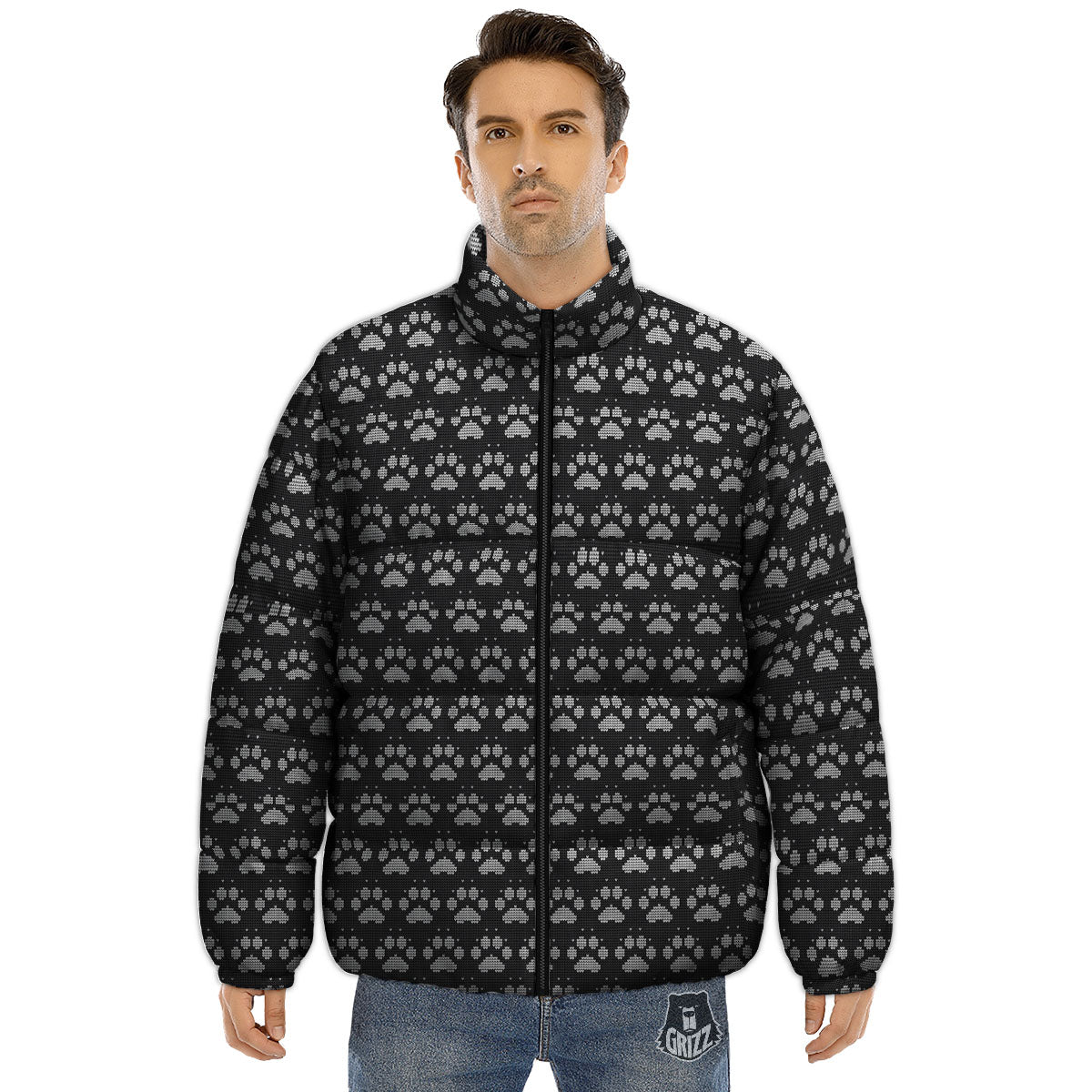 Paw Knitted White And Grey Print Pattern Puffer Jacket-grizzshop