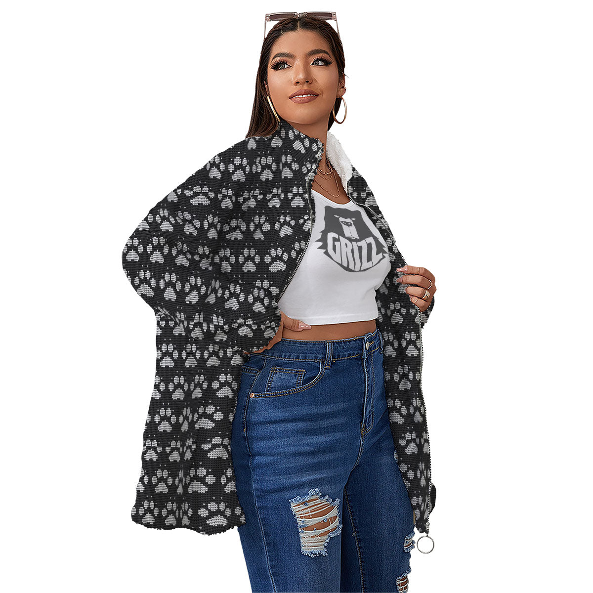 Paw Knitted White And Grey Print Pattern Women's Sherpa Jacket-grizzshop