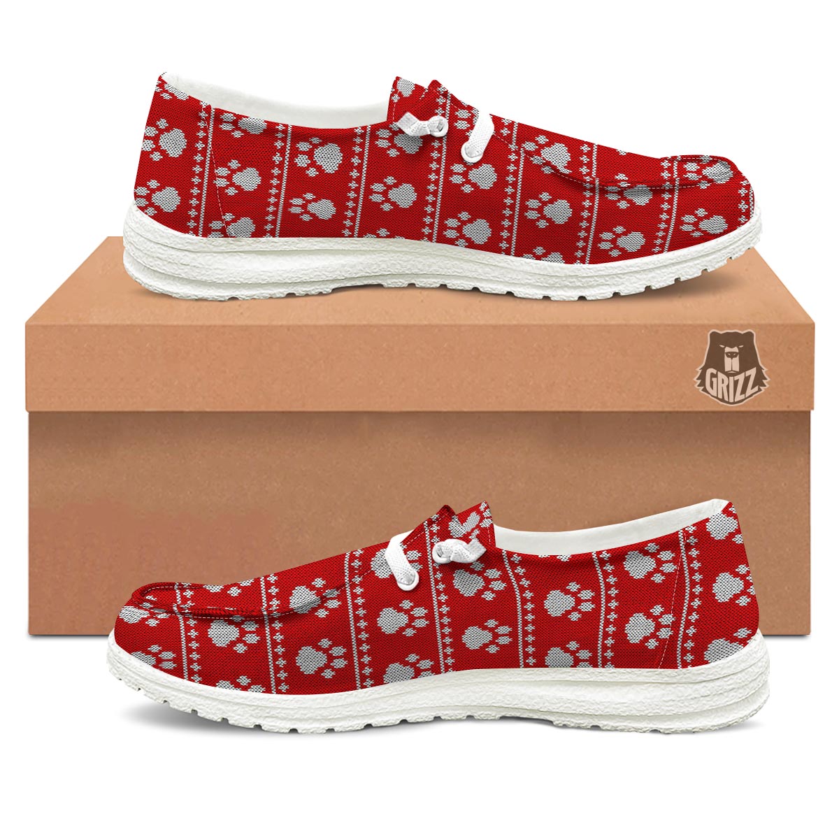 Paw Knitted White And Red Print Pattern Black Loafers-grizzshop