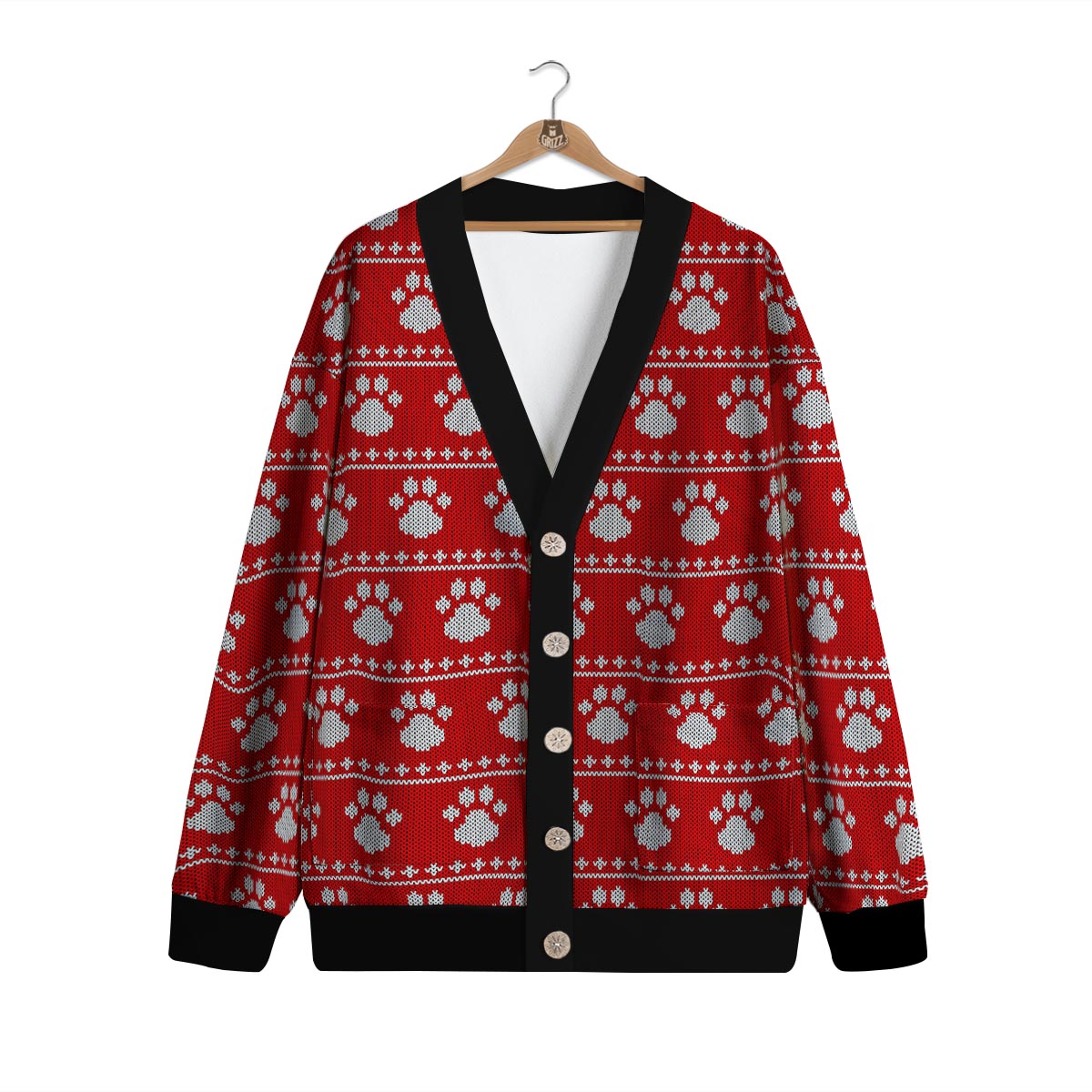 Paw Knitted White And Red Print Pattern Cardigan-grizzshop
