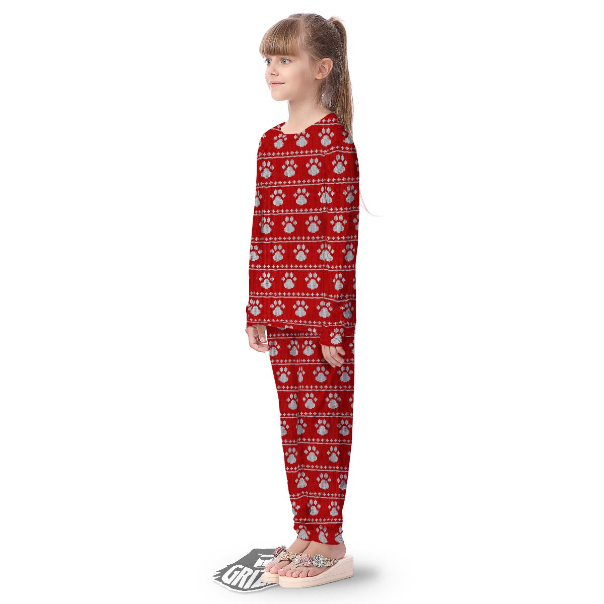Paw Knitted White And Red Print Pattern Kid's Pajamas-grizzshop
