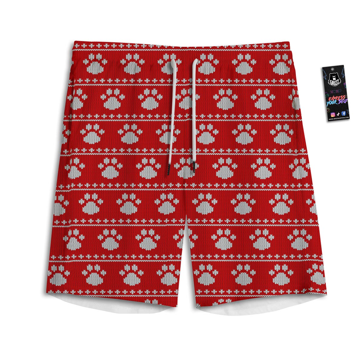 Paw Knitted White And Red Print Pattern Men's Athletic Shorts
