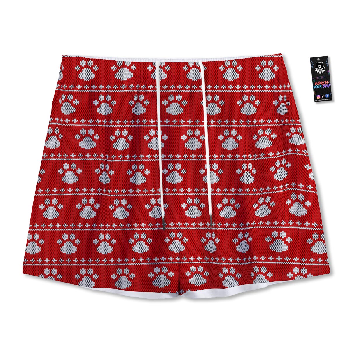Paw Knitted White And Red Print Pattern Mesh Shorts