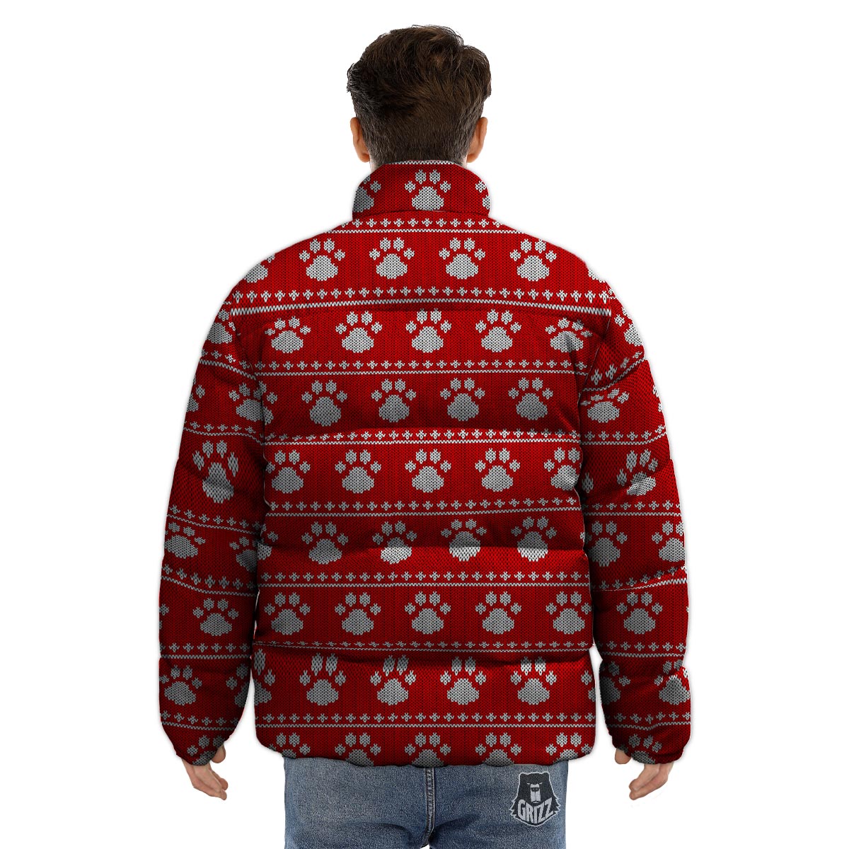 Paw Knitted White And Red Print Pattern Puffer Jacket-grizzshop