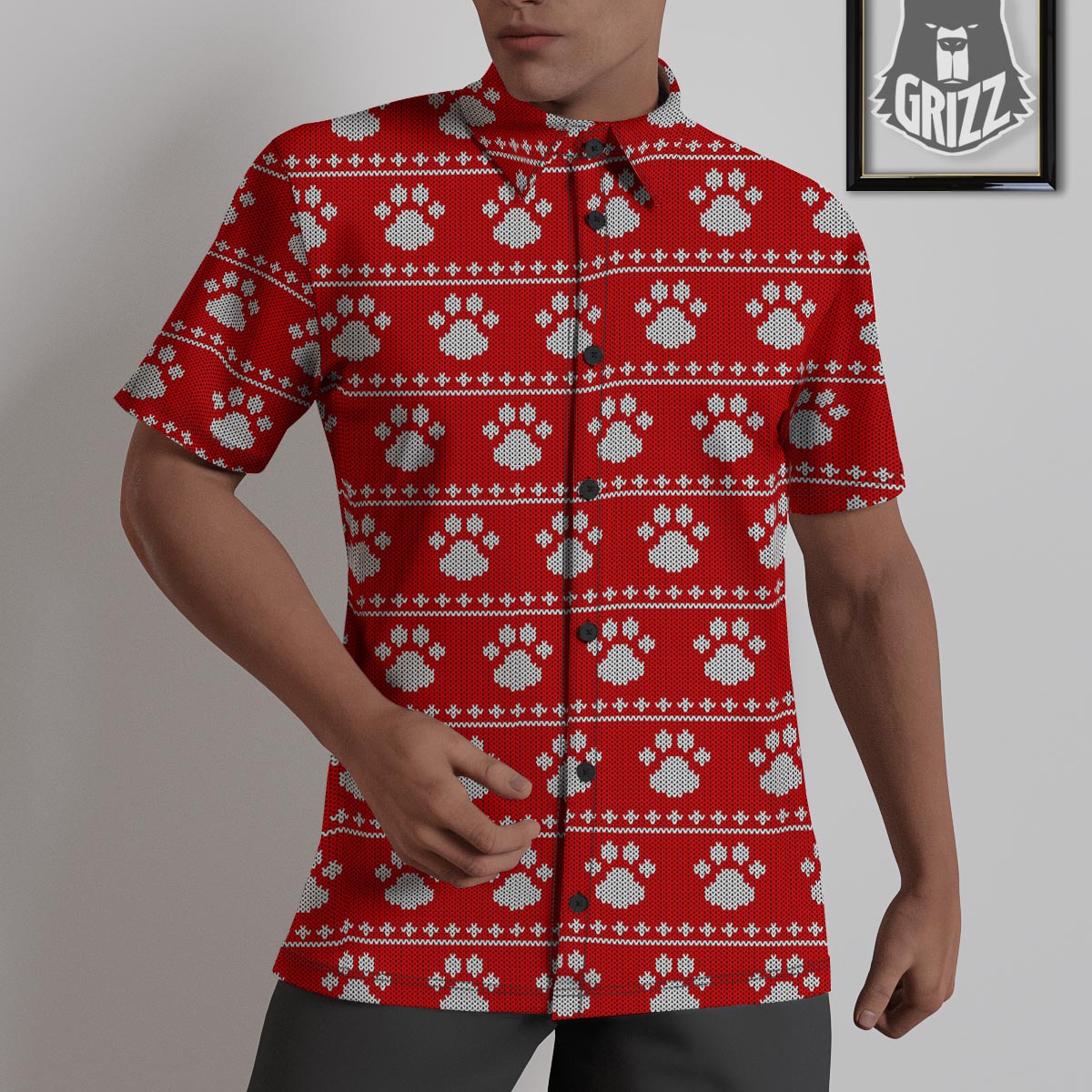 Paw Knitted White And Red Print Pattern Untucked Shirts-grizzshop