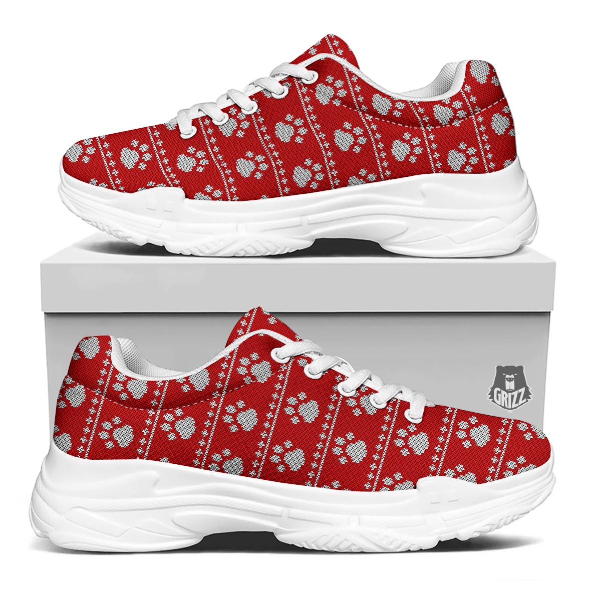 Paw Knitted White And Red Print Pattern White Chunky Shoes-grizzshop