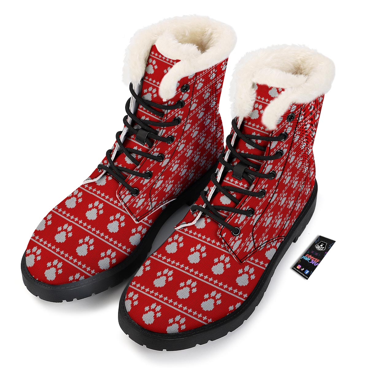 Paw Knitted White And Red Print Pattern Winter Boots-grizzshop