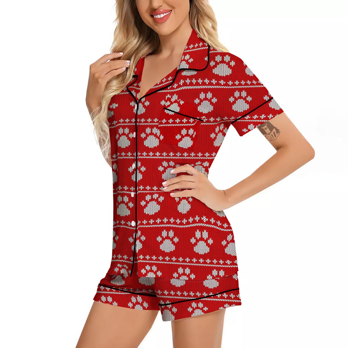 Paw Knitted White And Red Print Pattern Women Silk Pajamas-grizzshop