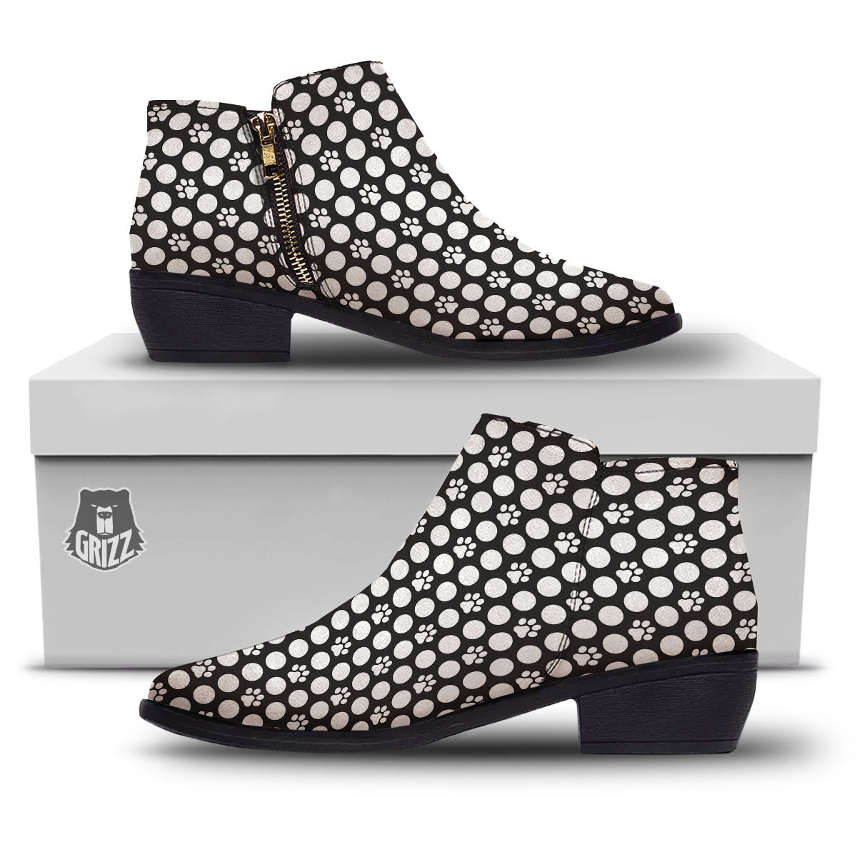 Paw Polka Dot White And Black And Print Ankle Boots-grizzshop