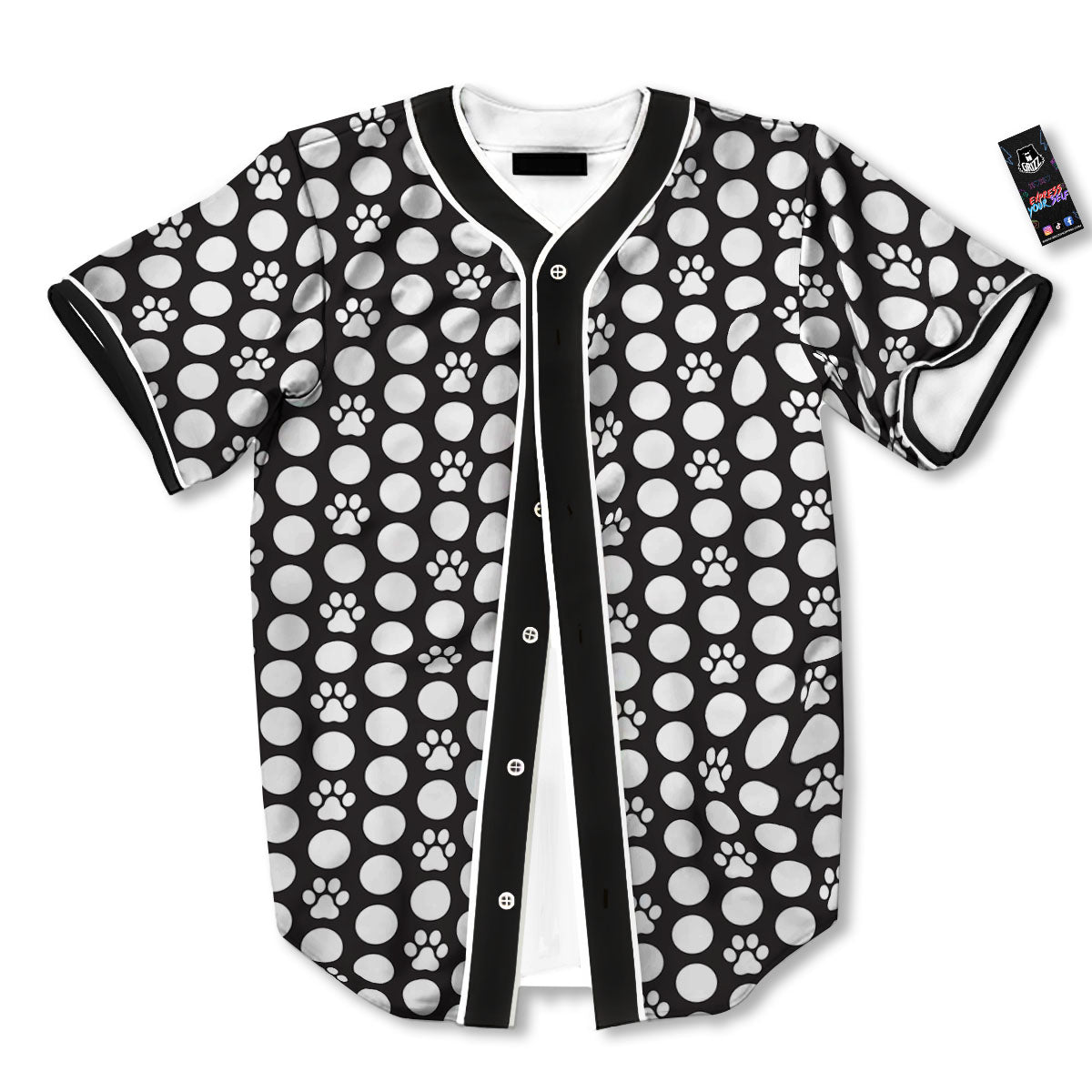 Paw Polka Dot White And Black And Print Baseball Jersey-grizzshop