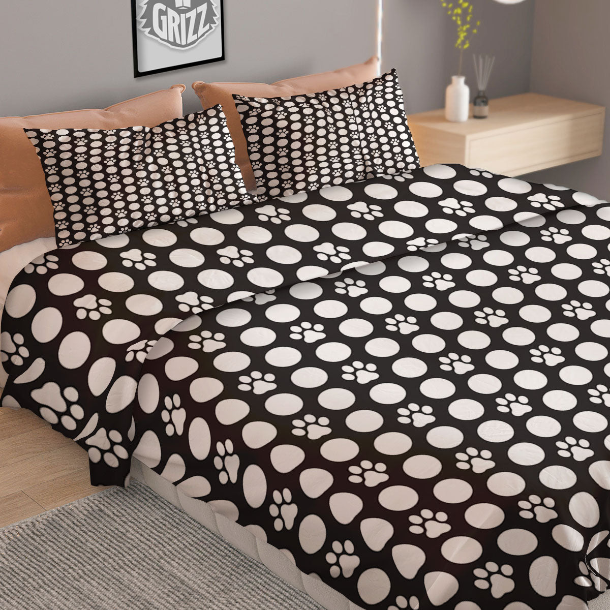 Paw Polka Dot White And Black And Print Duvet Cover Bedding Set