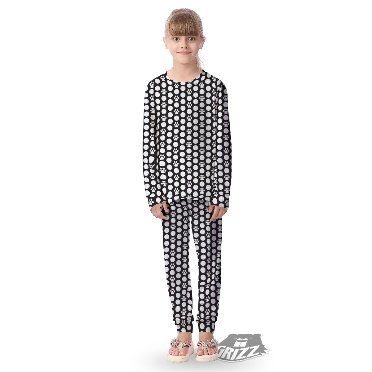 Paw Polka Dot White And Black And Print Kid's Pajamas-grizzshop