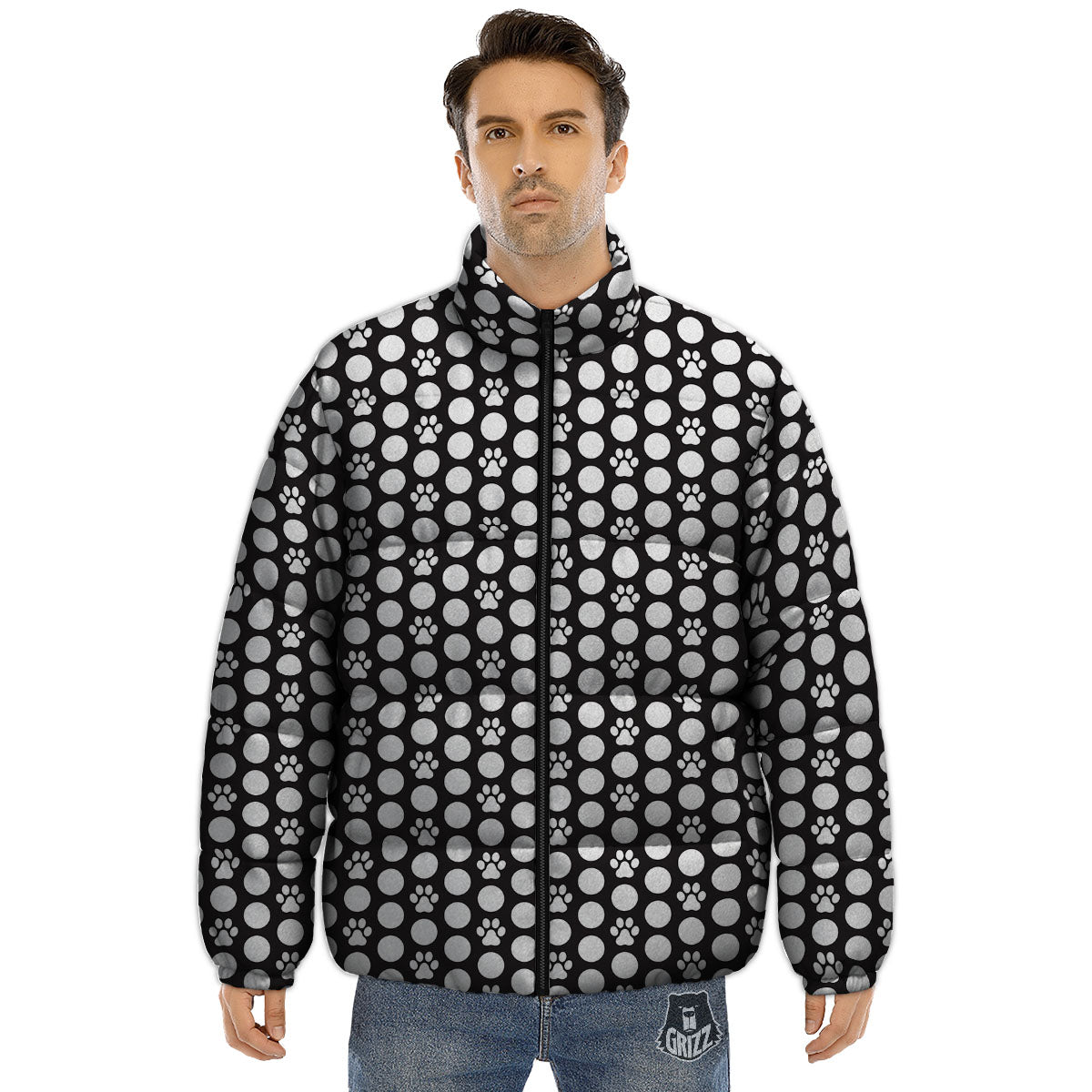 Paw Polka Dot White And Black And Print Puffer Jacket-grizzshop