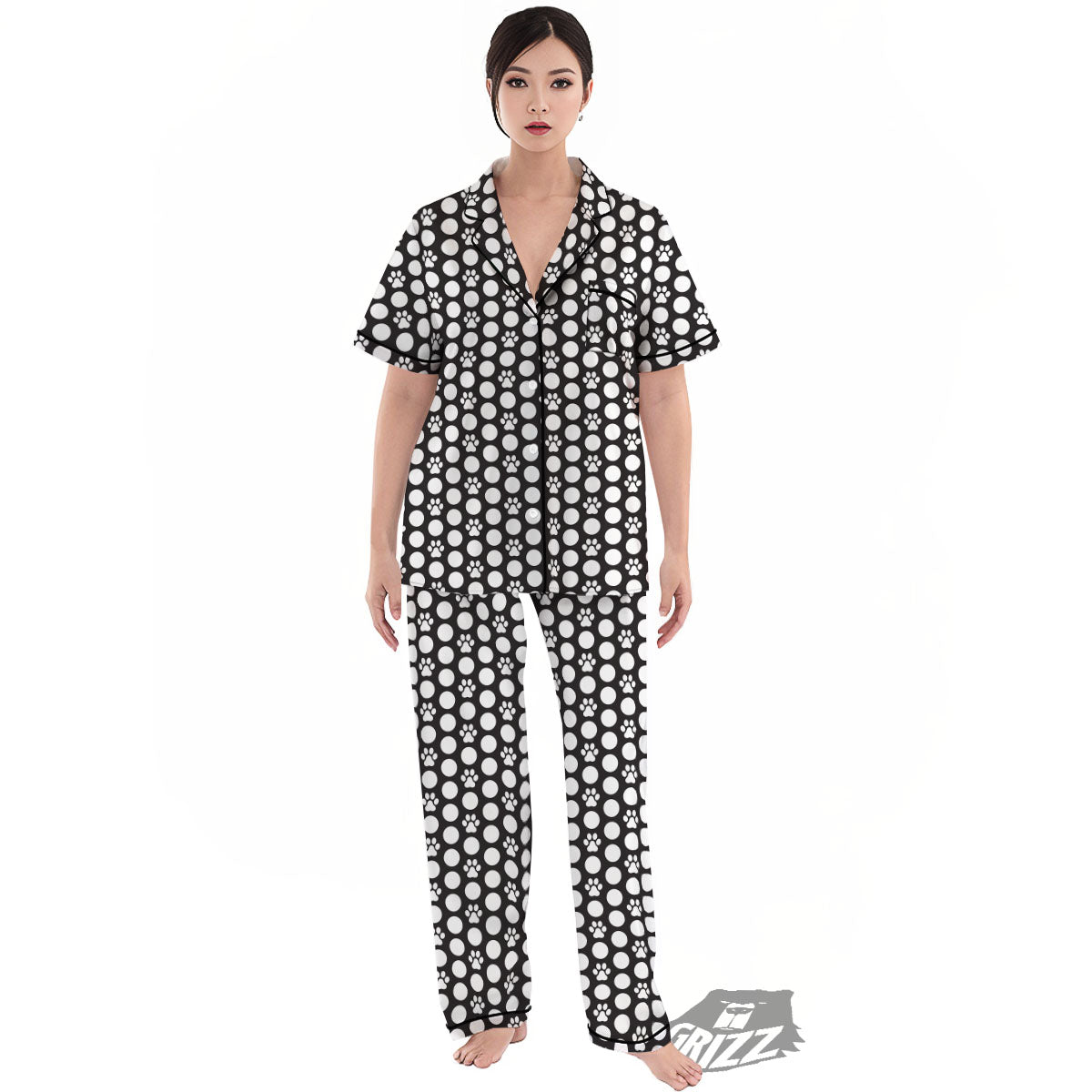 Paw Polka Dot White And Black And Print Women's Pajamas Set-grizzshop