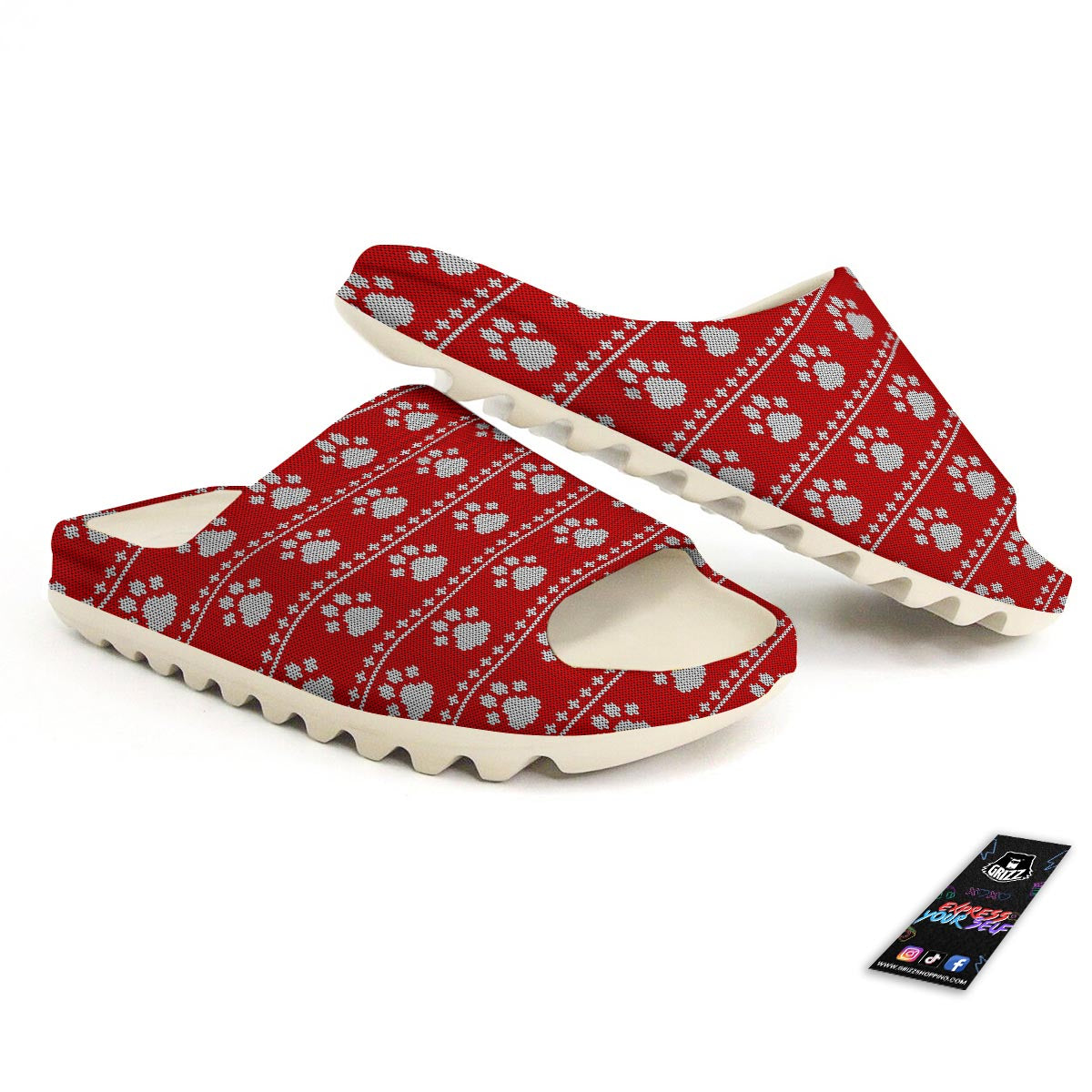 Paw Knitted White And Red Print Pattern Sandals-grizzshop