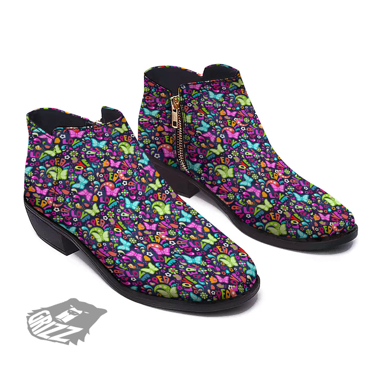 Peace Groovy Girly Print Pattern Ankle Boots-grizzshop