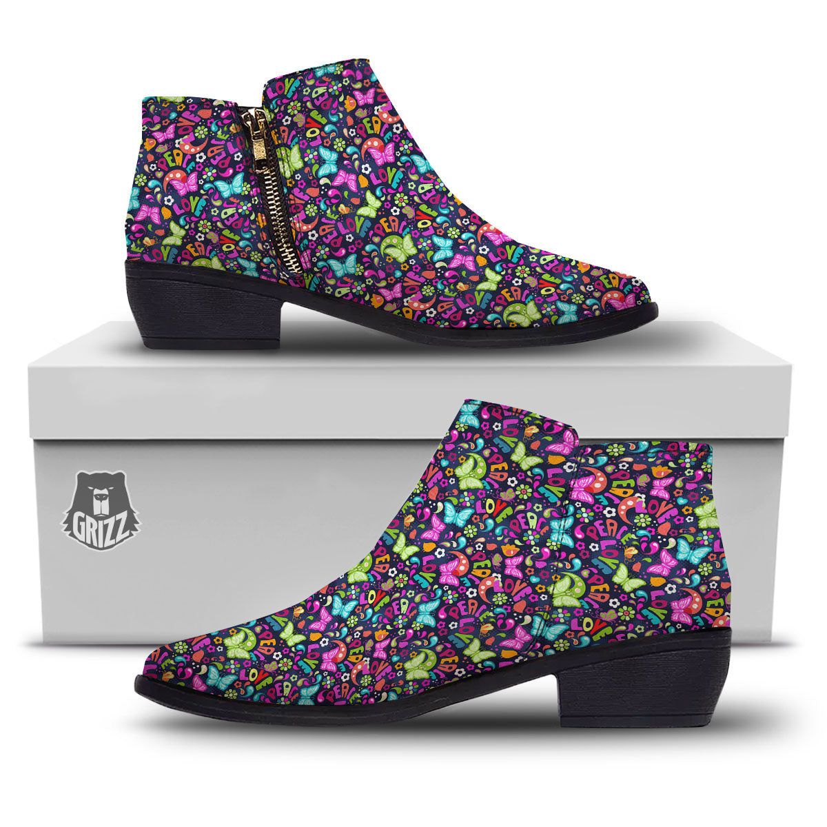 Peace Groovy Girly Print Pattern Ankle Boots-grizzshop