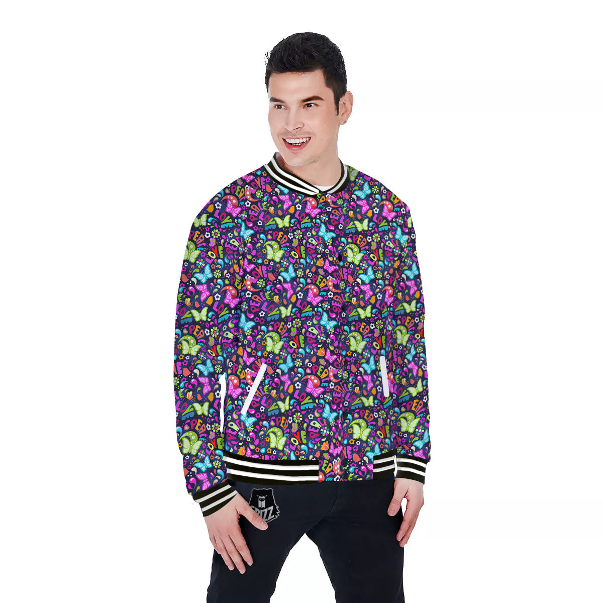 Peace Groovy Girly Print Pattern Baseball Jacket-grizzshop