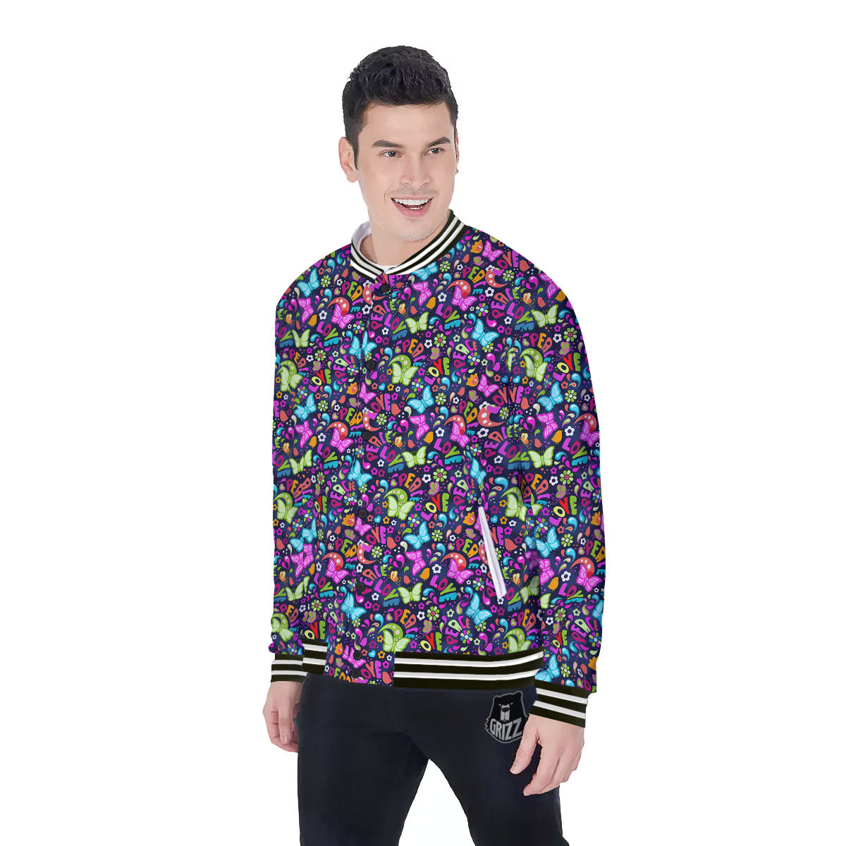 Peace Groovy Girly Print Pattern Baseball Jacket-grizzshop