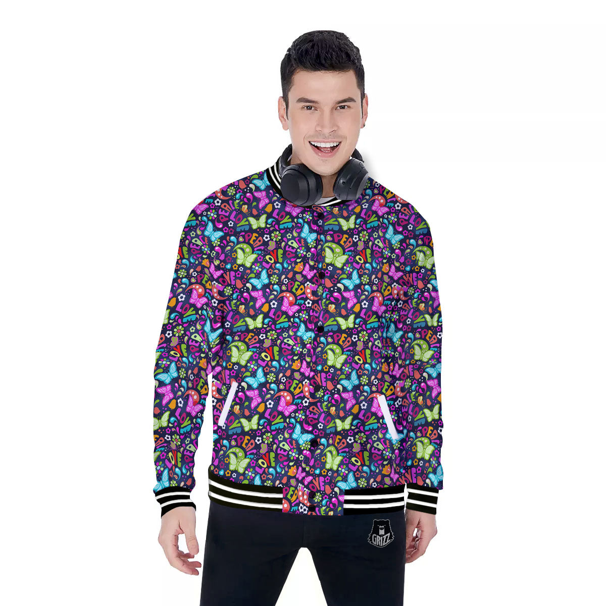 Peace Groovy Girly Print Pattern Baseball Jacket-grizzshop