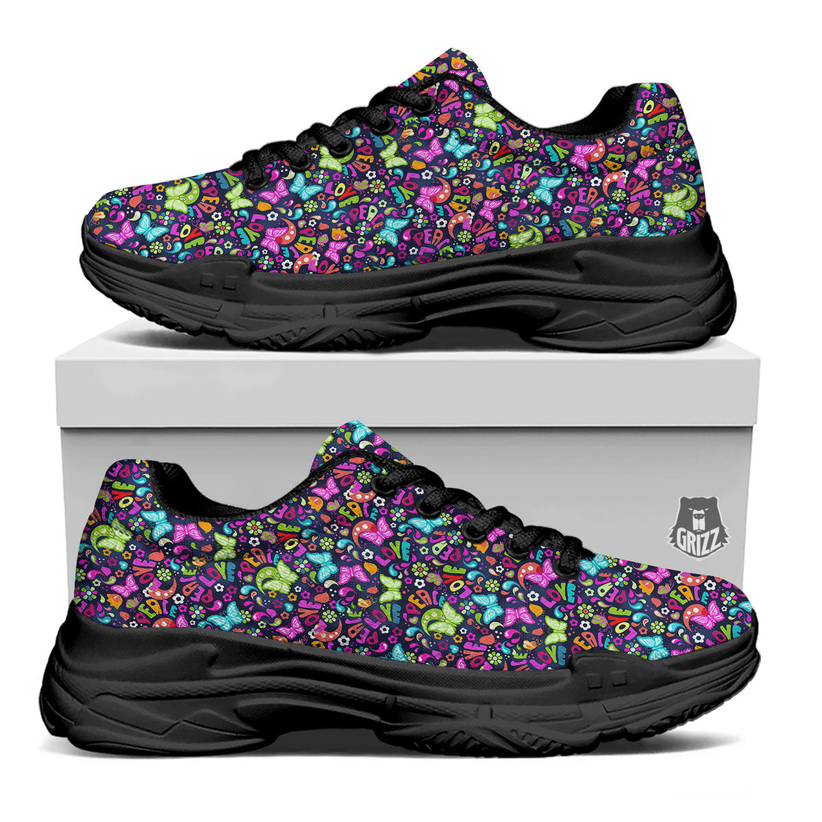Peace Groovy Girly Print Pattern Black Chunky Shoes-grizzshop