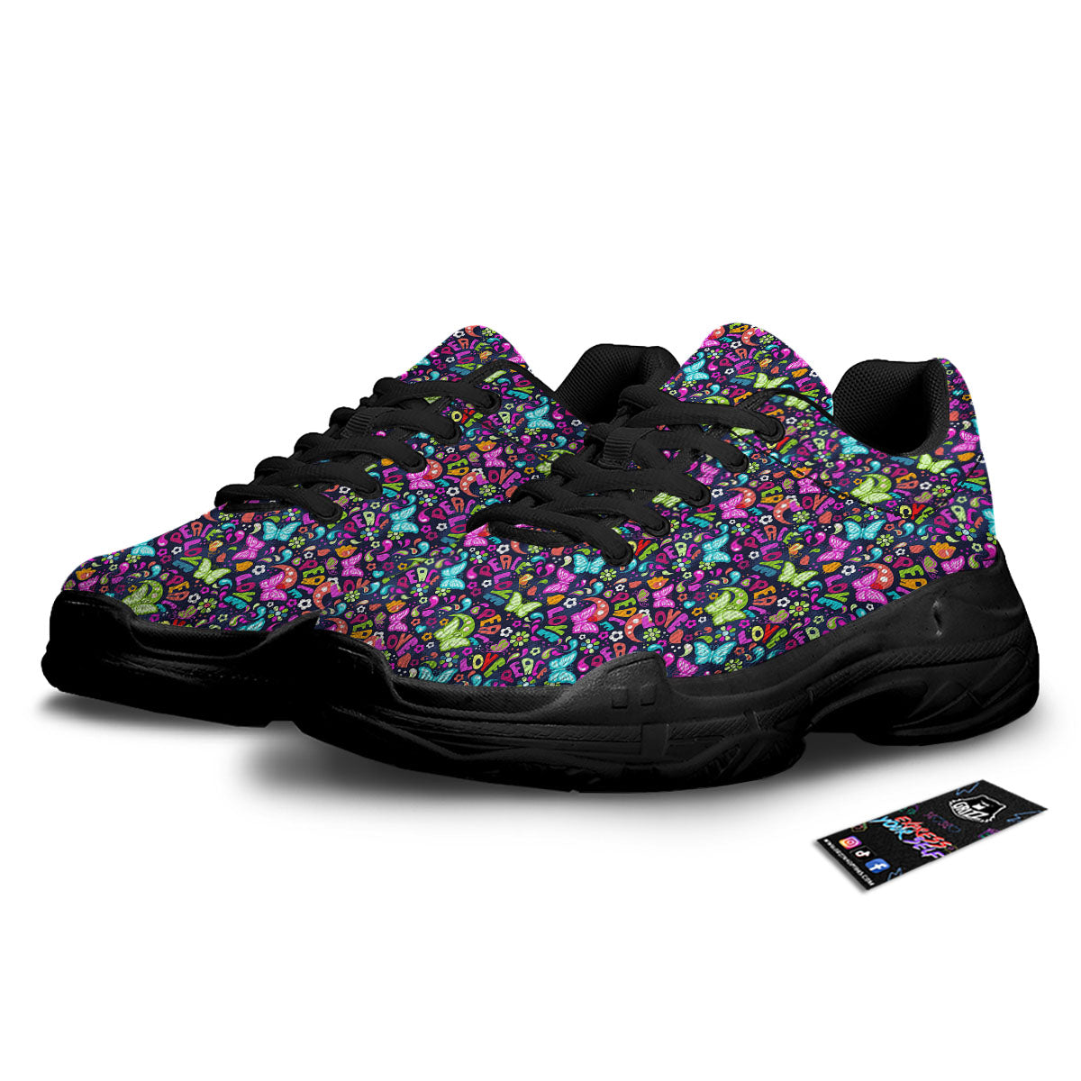 Peace Groovy Girly Print Pattern Black Chunky Shoes-grizzshop