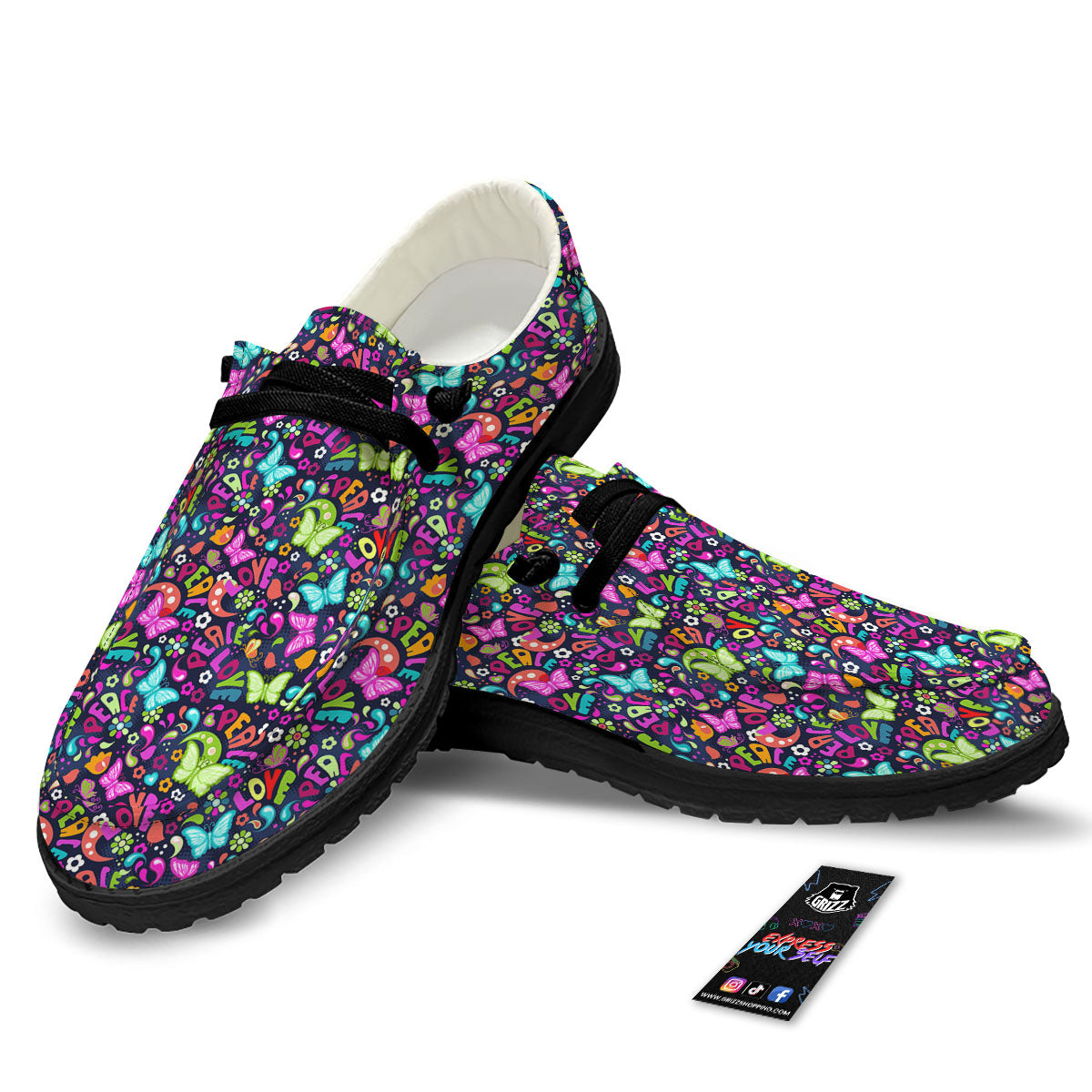 Peace Groovy Girly Print Pattern Black Loafers-grizzshop