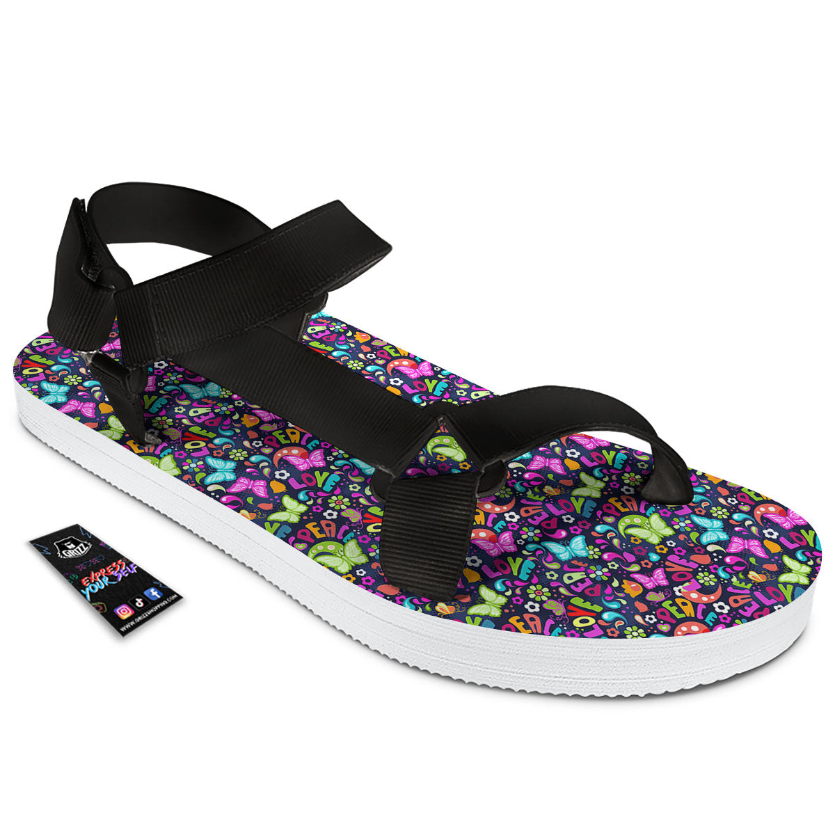 Peace Groovy Girly Print Pattern Black Open Toe Sandals-grizzshop