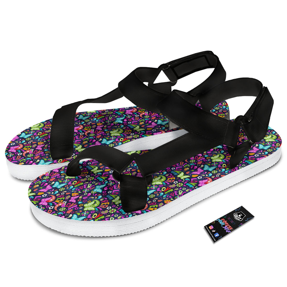 Peace Groovy Girly Print Pattern Black Open Toe Sandals-grizzshop