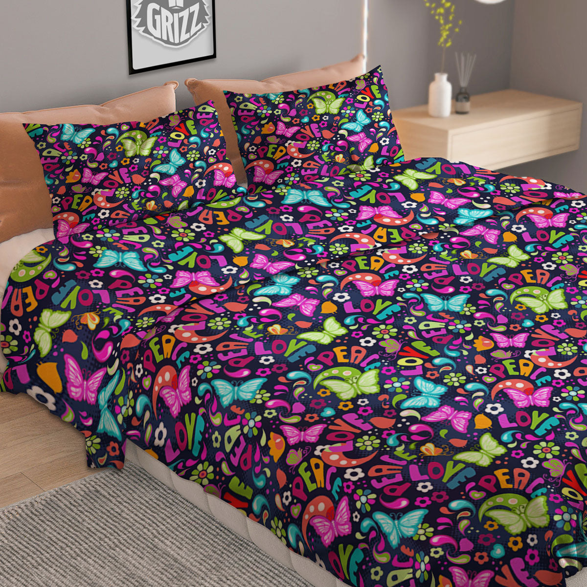 Peace Groovy Girly Print Pattern Duvet Cover Bedding Set
