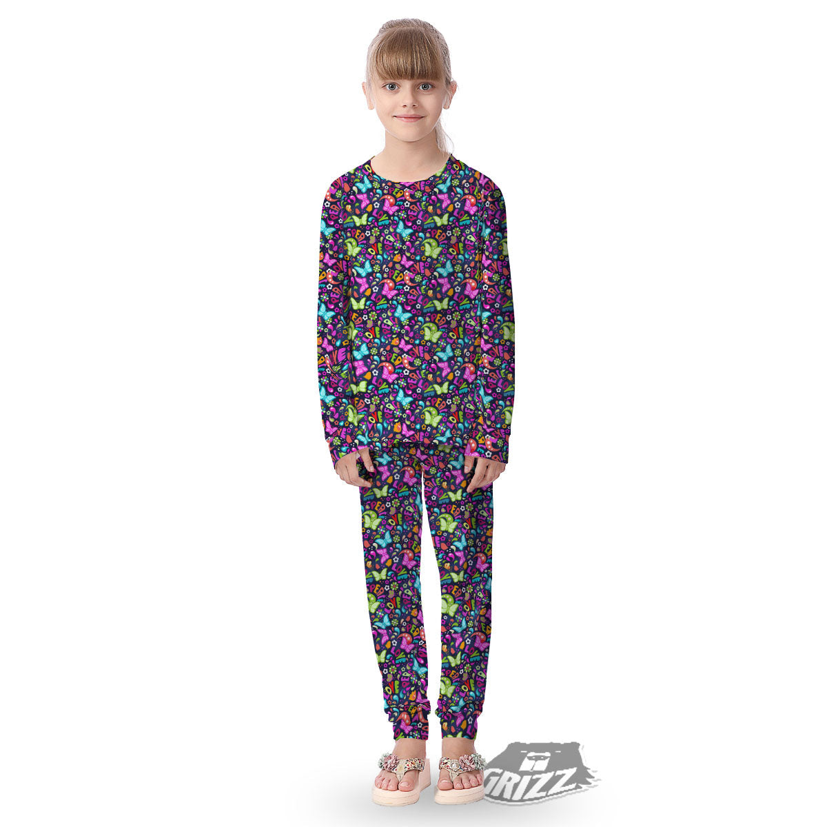 Peace Groovy Girly Print Pattern Kid's Pajamas-grizzshop
