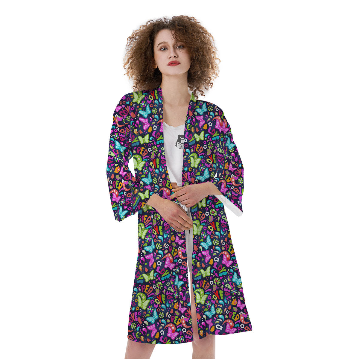 Peace Groovy Girly Print Pattern Kimono-grizzshop